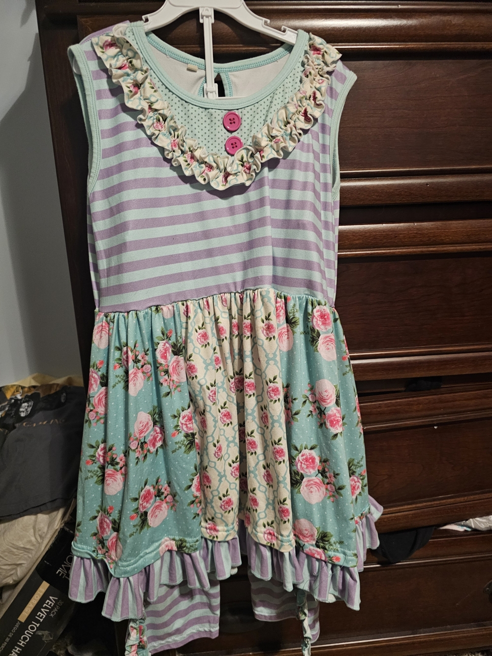 Girls Floral Patchwork Ruffle Top And Pants- Mint, Lavender & Pink